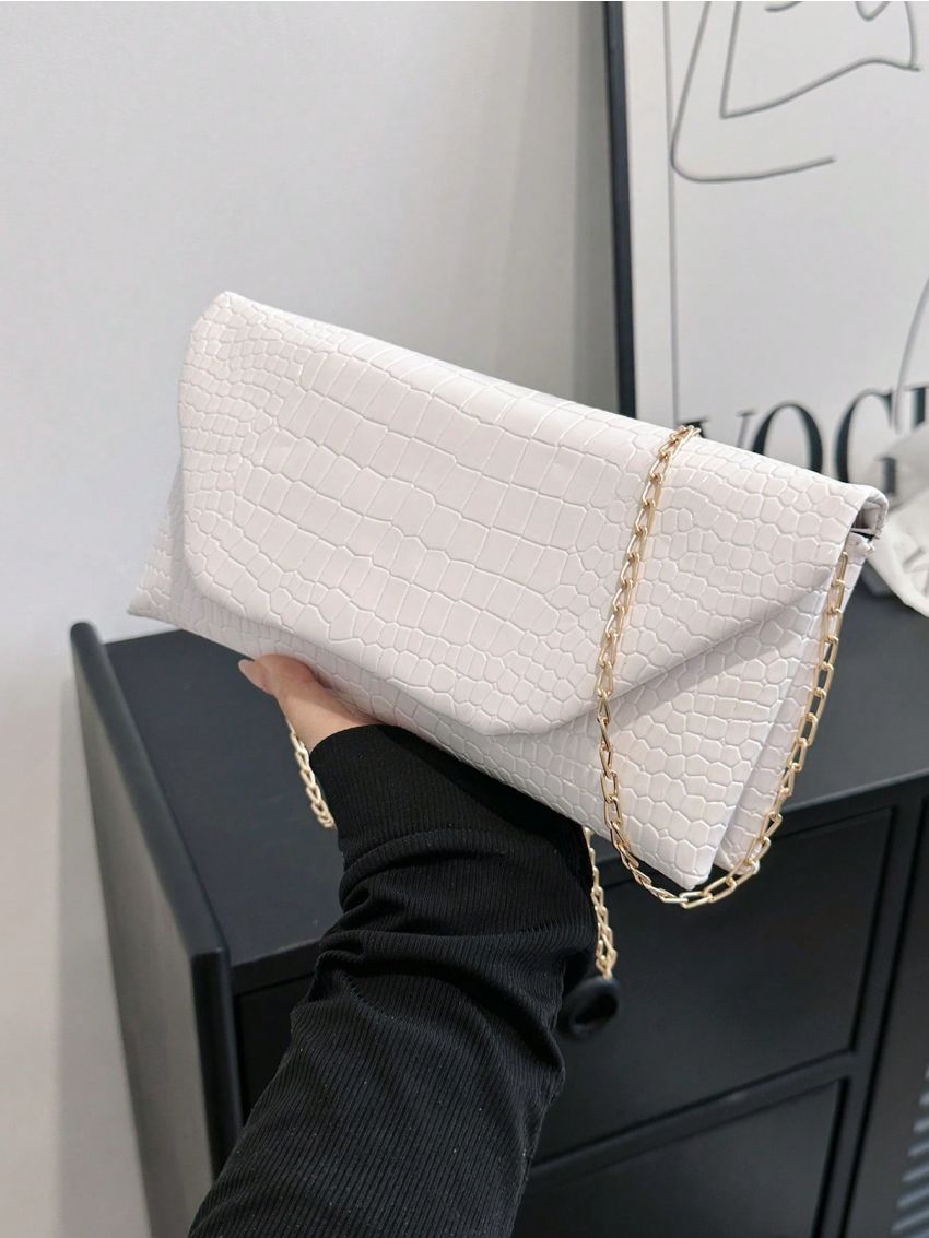 White Envelope Bag Crocodile Embossed Chain Strap