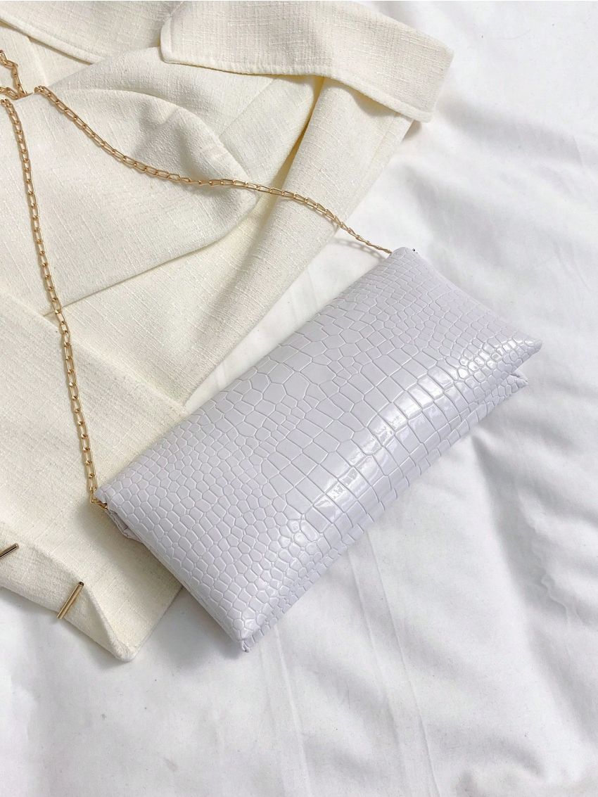 White Envelope Bag Crocodile Embossed Chain Strap