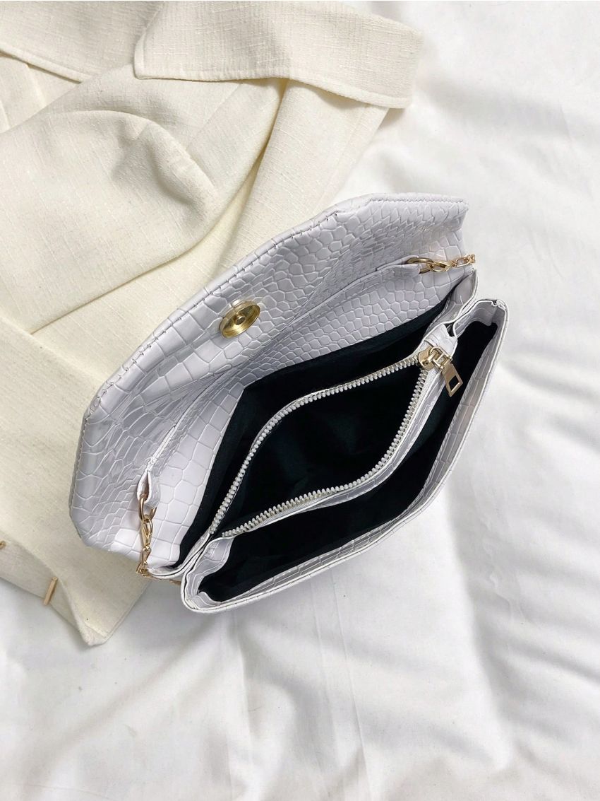 White Envelope Bag Crocodile Embossed Chain Strap