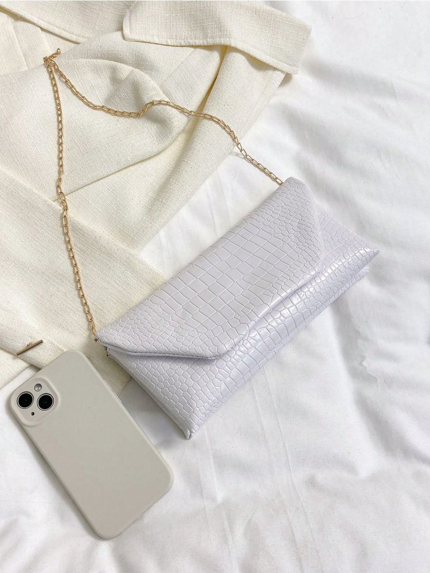 White Envelope Bag Crocodile Embossed Chain Strap