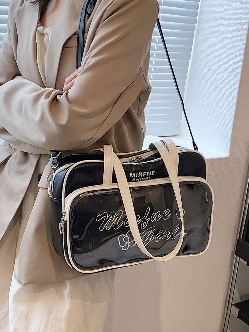 Small Shoulder Tote Bag Letter Graphic Contrast Binding, Clear Bag