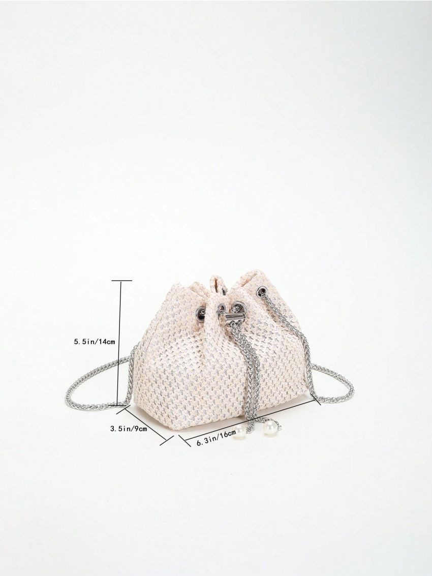 Mini Straw Bag Pearl Decor Drawstring Design Chain Strap