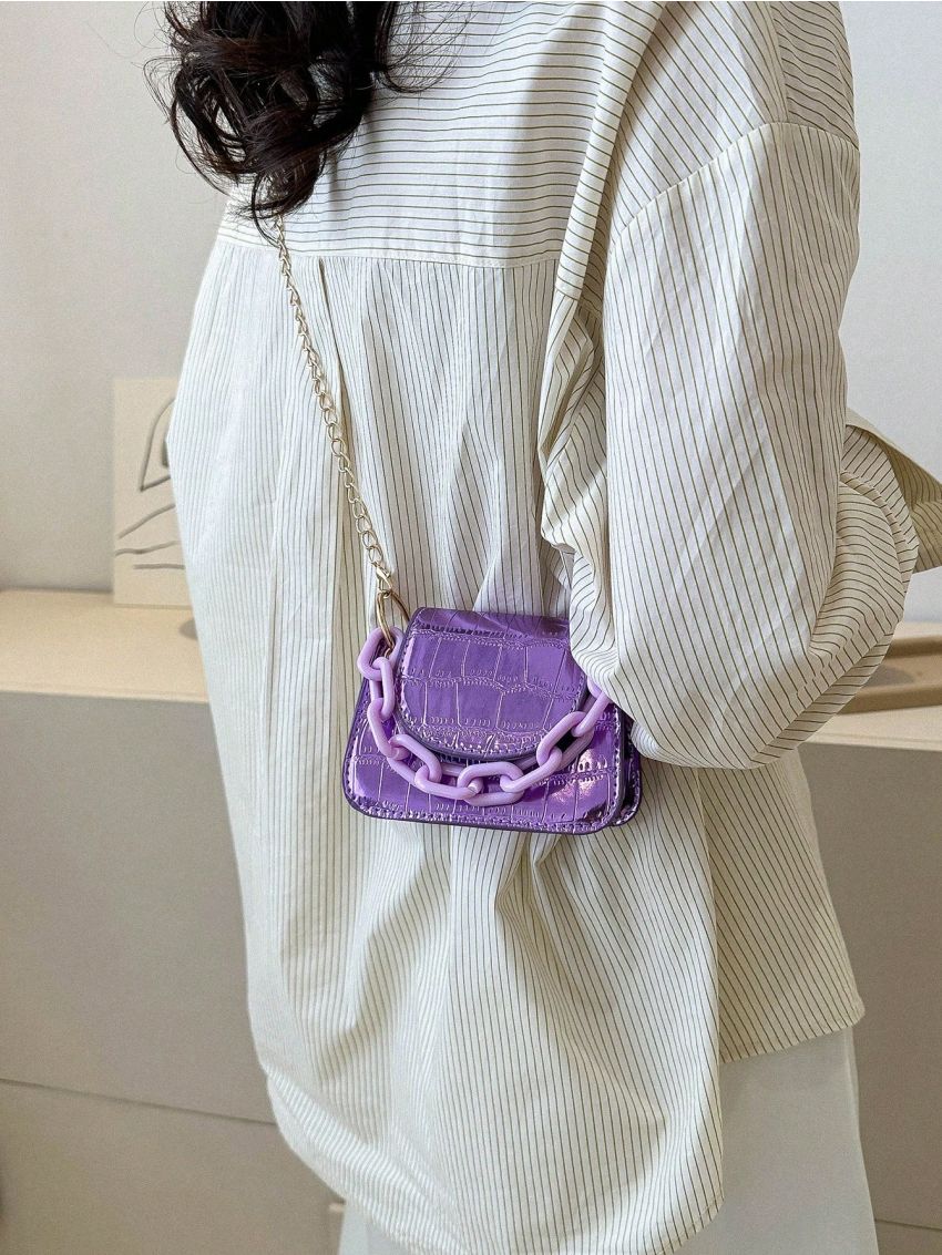 Mini Flap Square Bag Crocodile Embossed Metallic Chain Decor