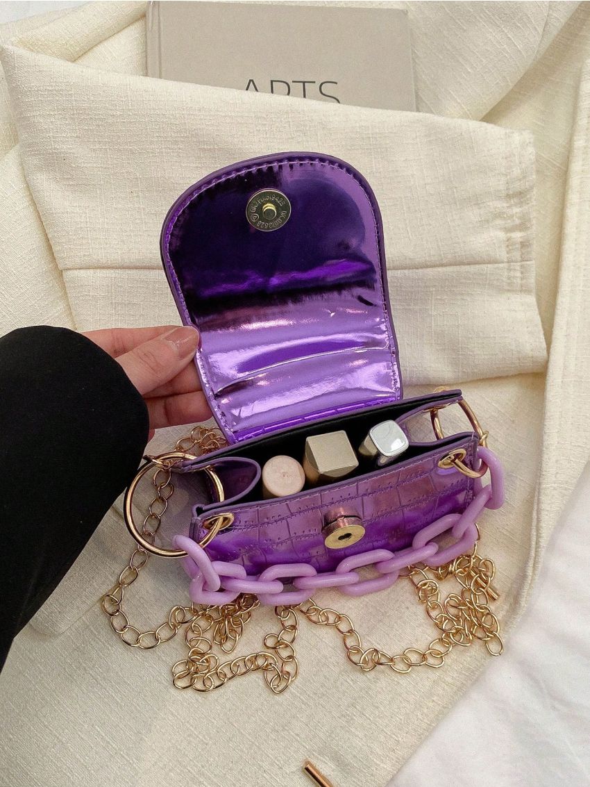 Mini Flap Square Bag Crocodile Embossed Metallic Chain Decor