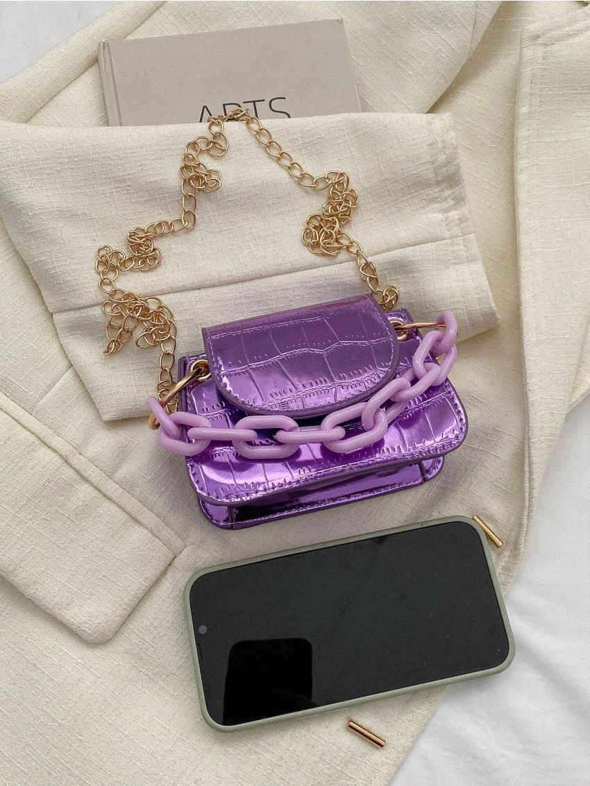 Mini Flap Square Bag Crocodile Embossed Metallic Chain Decor