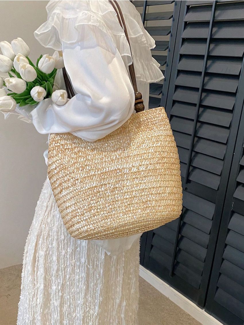 Medium Straw Bag Beaded Detail