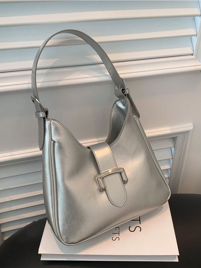 Medium Hobo Bag Buckle Decor Metallic Funky