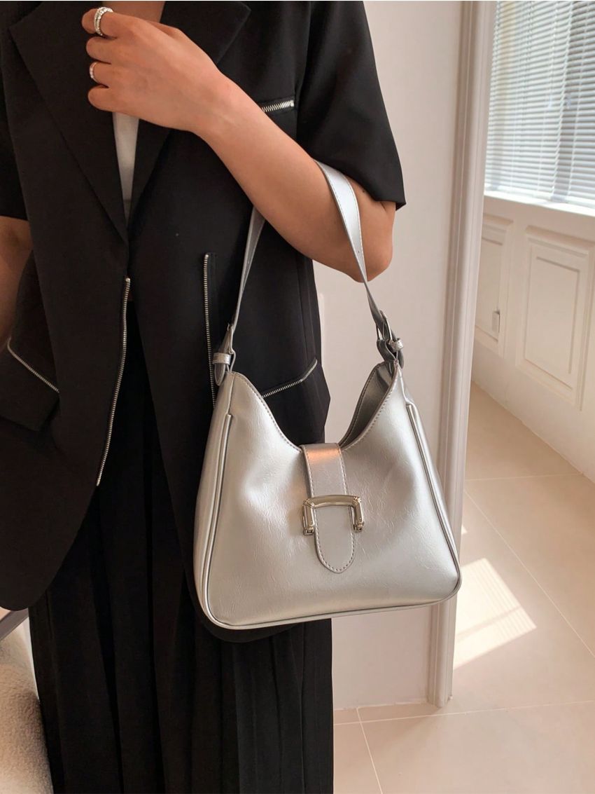 Medium Hobo Bag Buckle Decor Metallic Funky