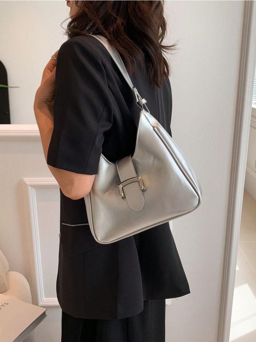 Medium Hobo Bag Buckle Decor Metallic Funky