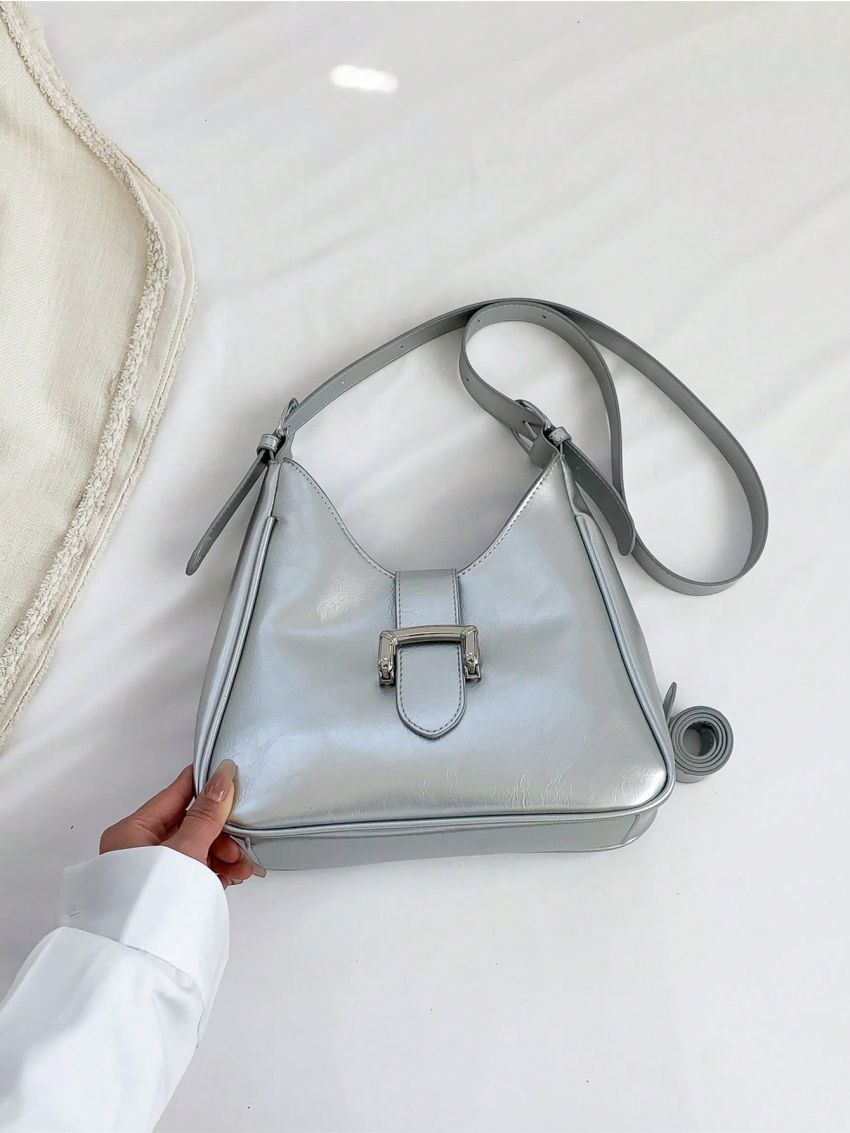 Medium Hobo Bag Buckle Decor Metallic Funky