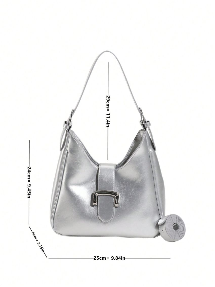 Medium Hobo Bag Buckle Decor Metallic Funky