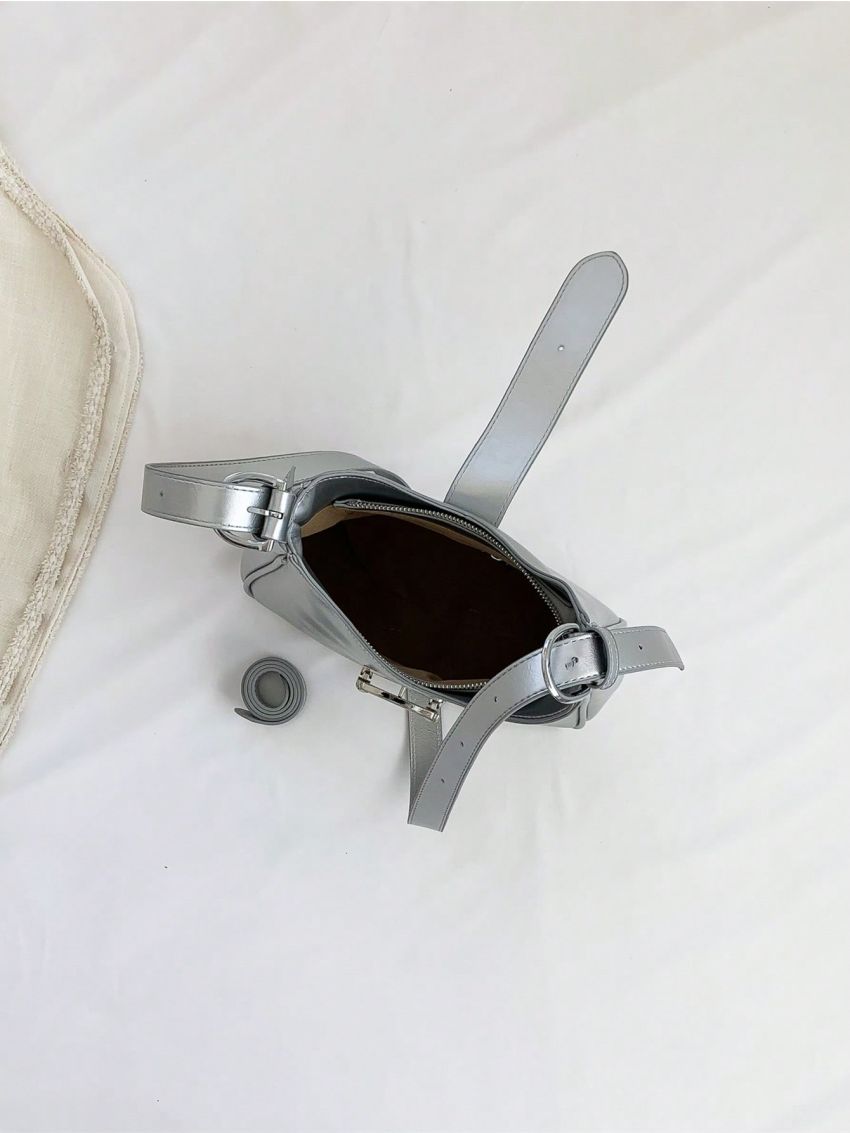 Medium Hobo Bag Buckle Decor Metallic Funky