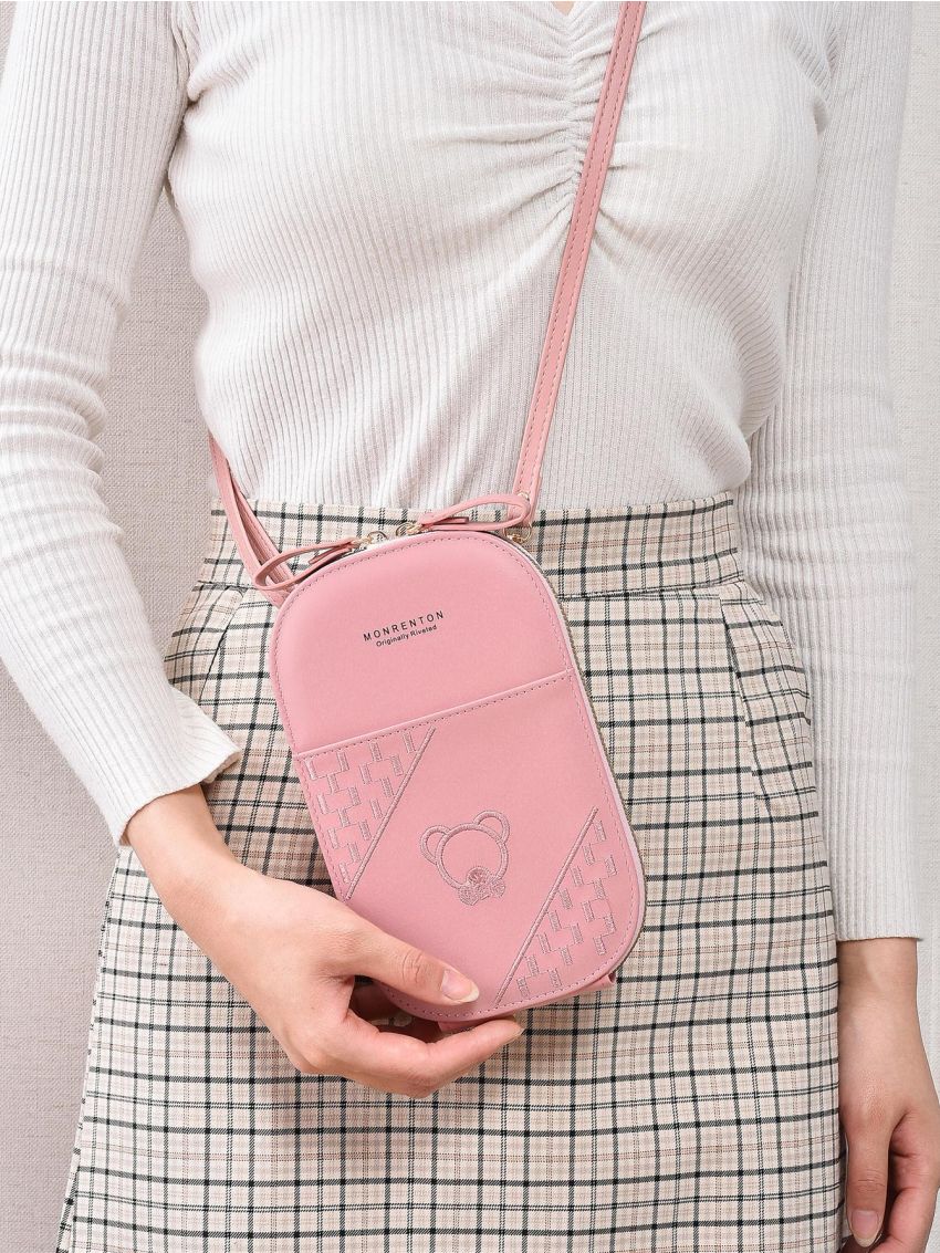 Letter Graphic Phone Wallet Zipper Embroidered Detail