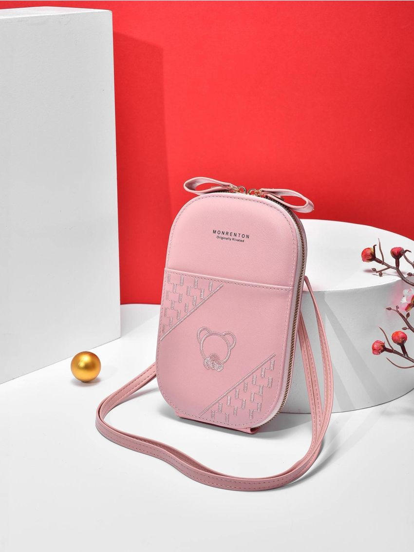 Letter Graphic Phone Wallet Zipper Embroidered Detail