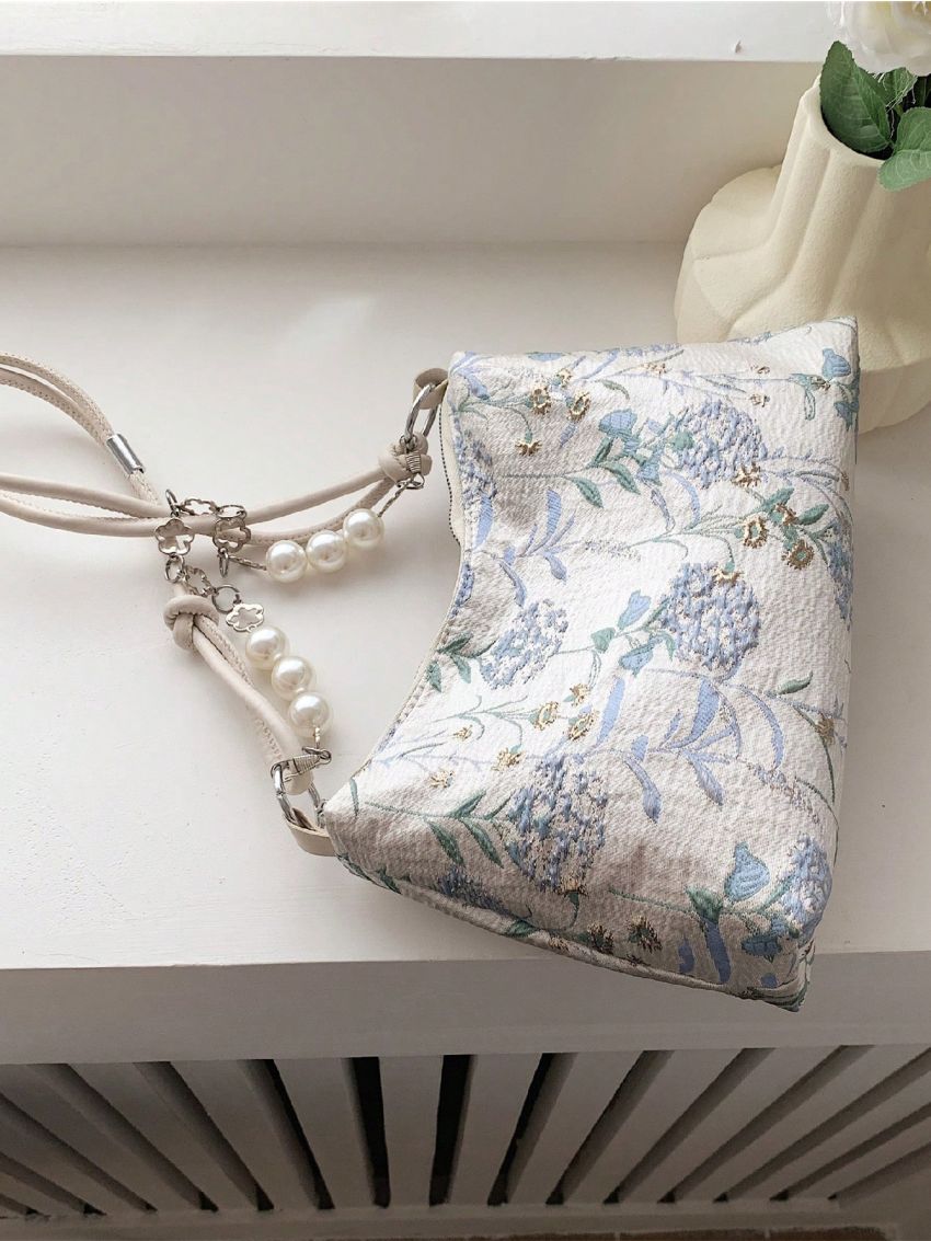 Medium Hobo Bag Heart Pattern Faux Pearl & Chain Decor