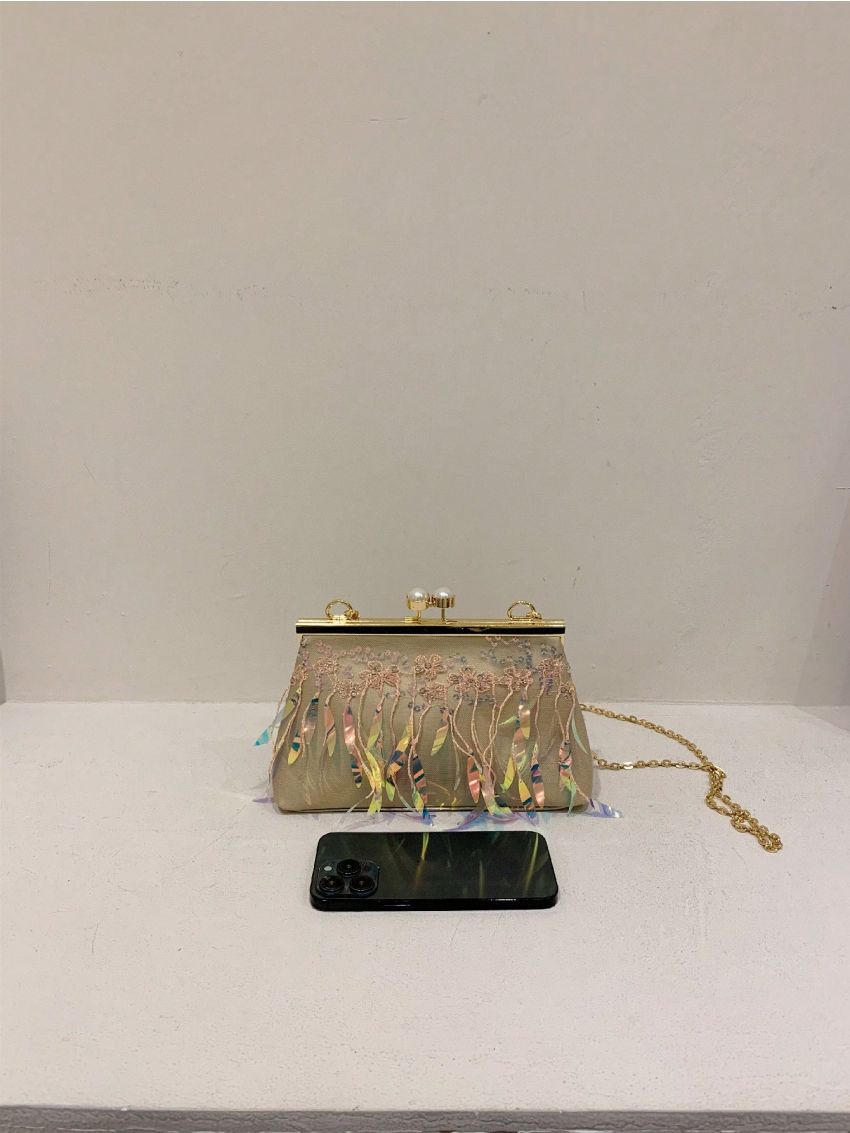 Small Square Bag Holographic Detail Chain Strap, Perfect Bride Purse For Wedding, Prom & Party Events