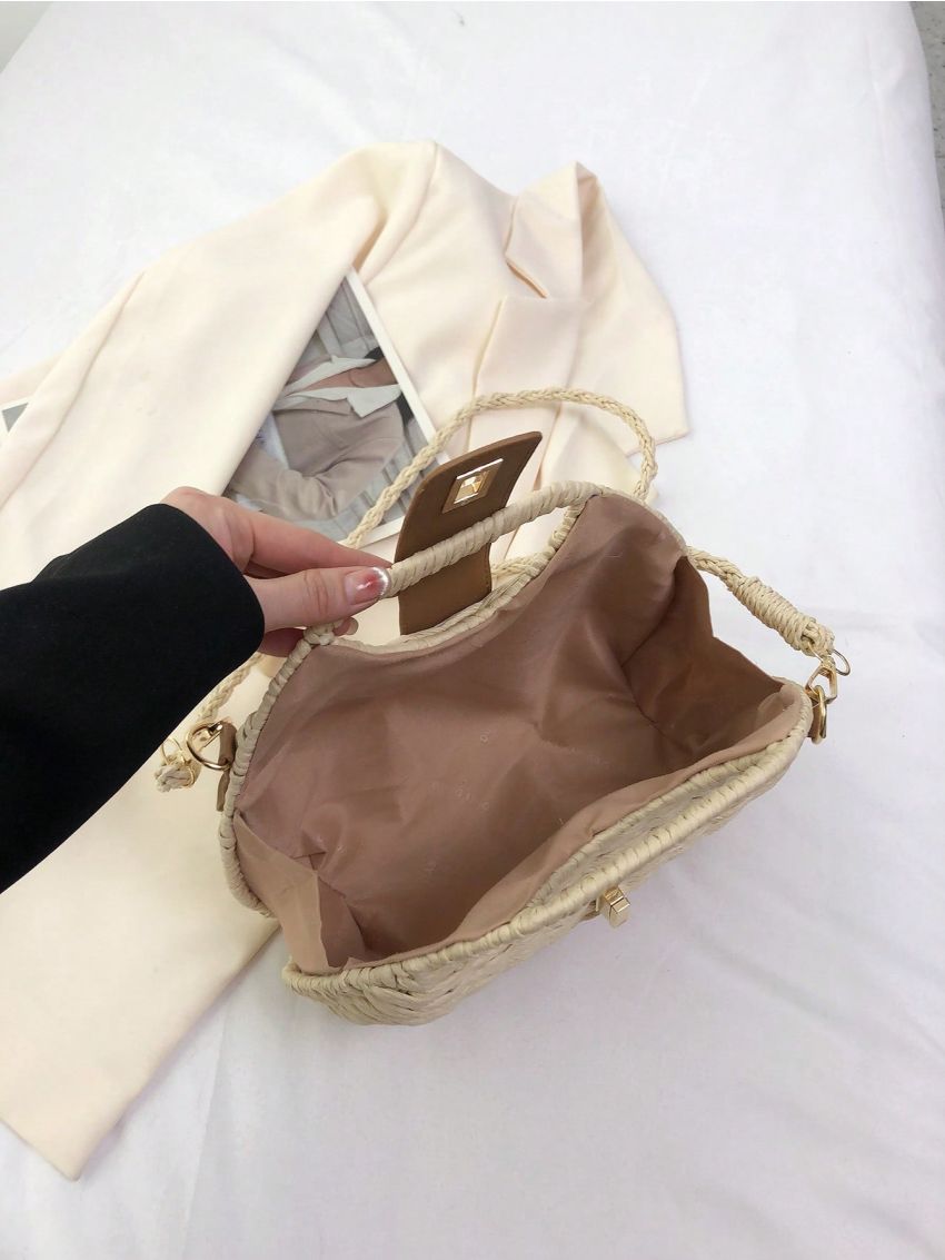 Medium Straw Bag Colorblock Twist Lock Double Handle