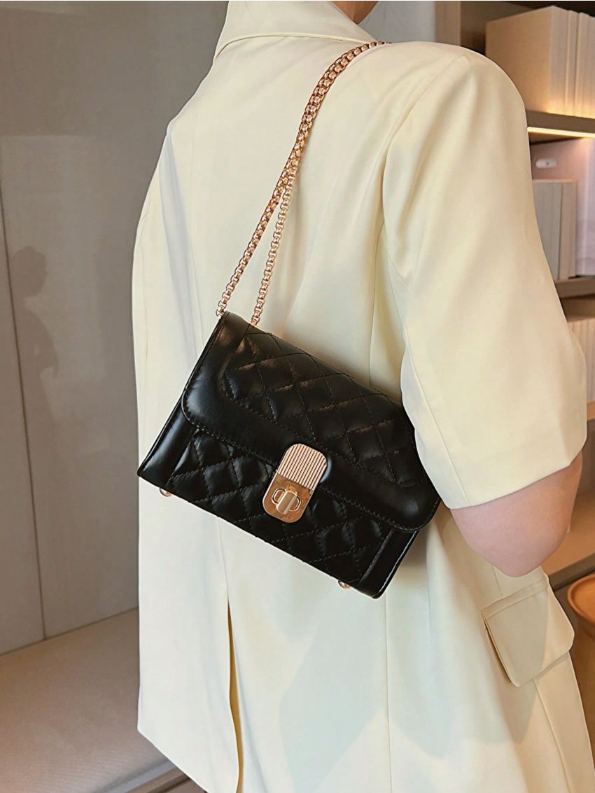 Mini Square Bag Quilted Twist Lock Chain Strap