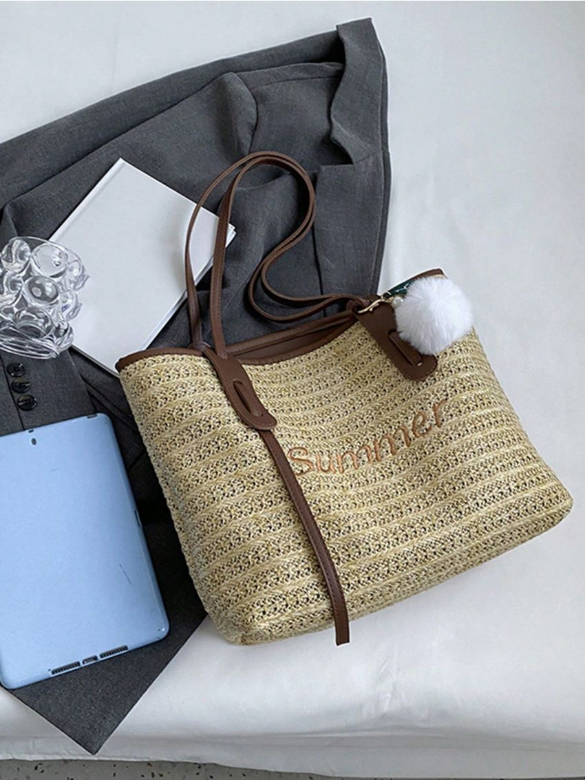 Medium Tote Bag Letter Embroidery Design Pom Pom Decor