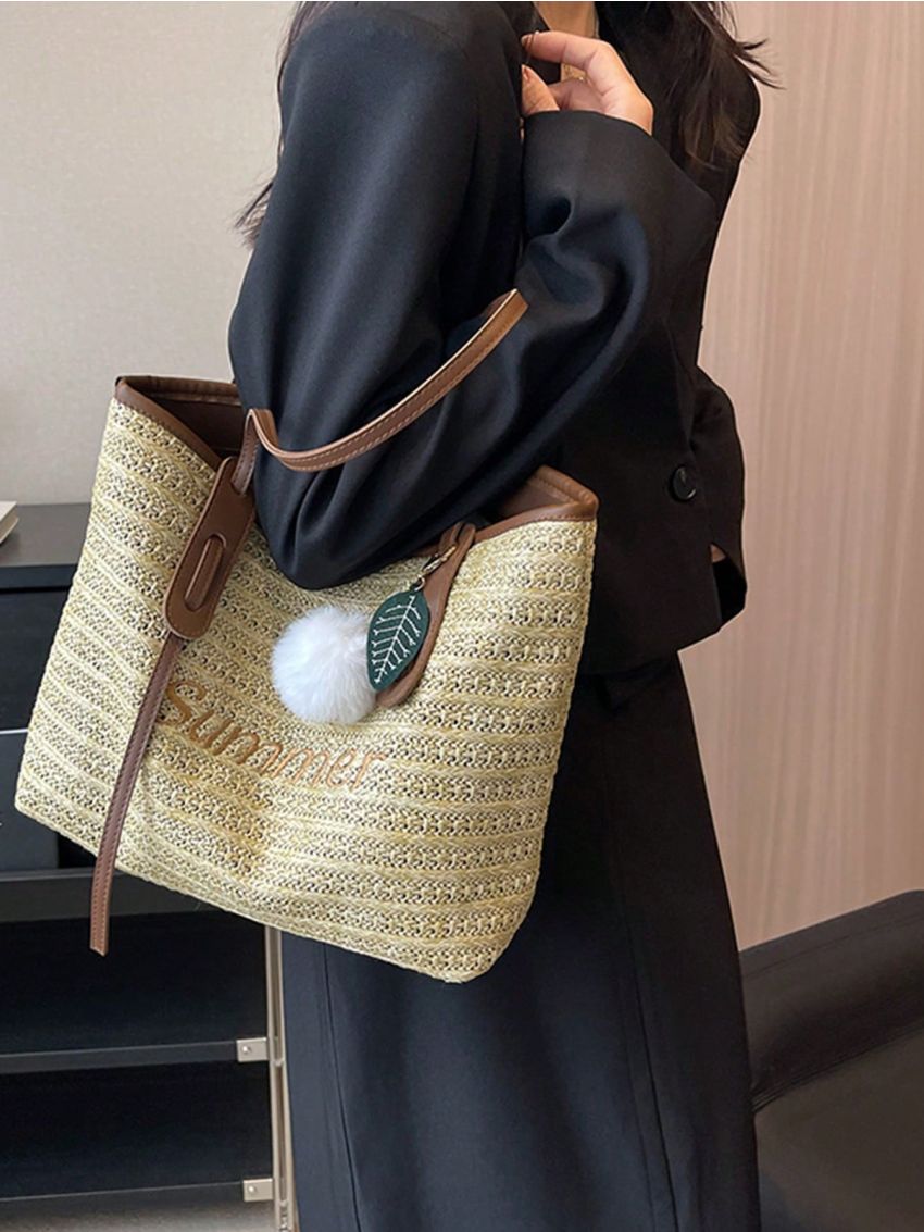 Medium Tote Bag Letter Embroidery Design Pom Pom Decor