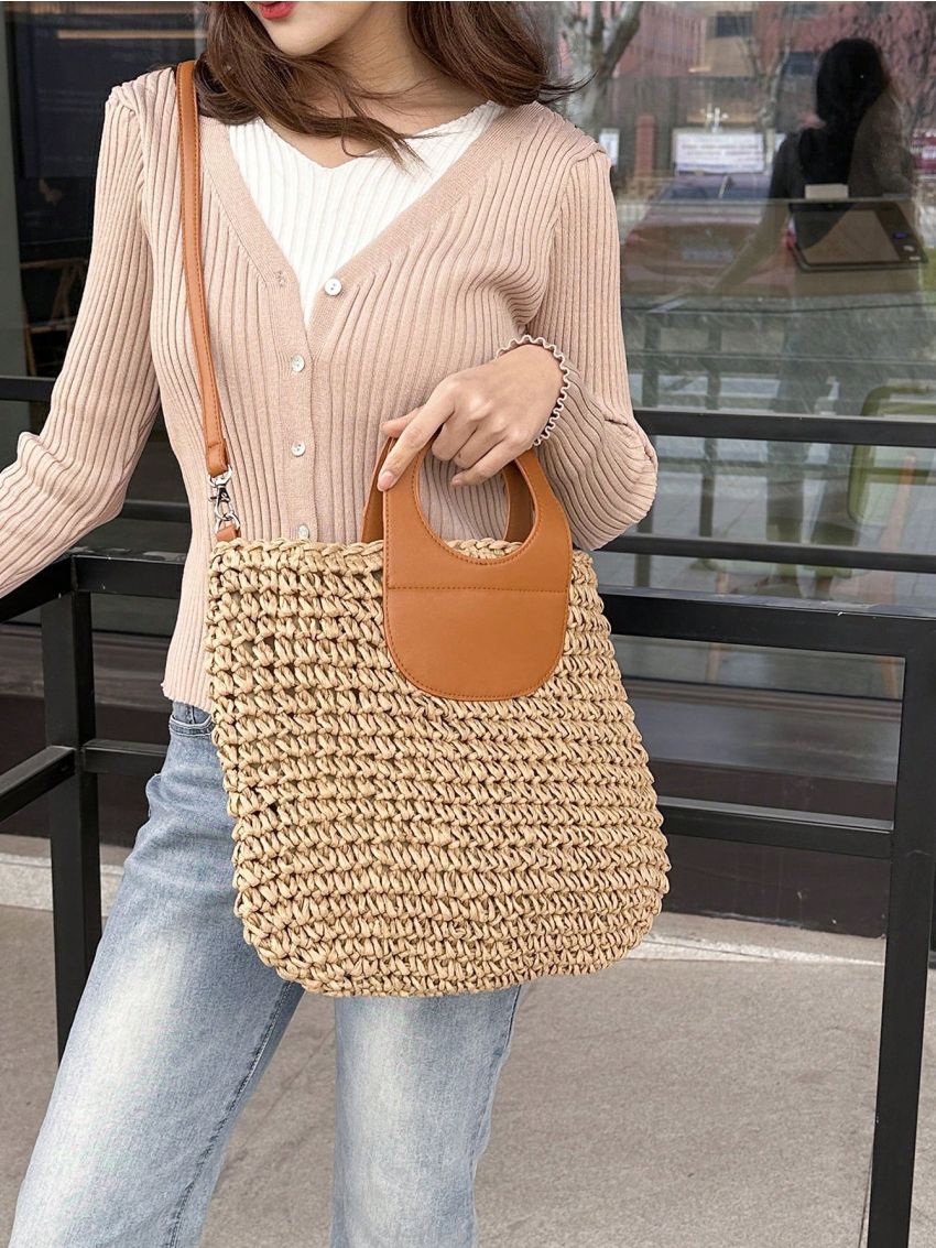 Medium Straw Bag Double Handle Two Tone