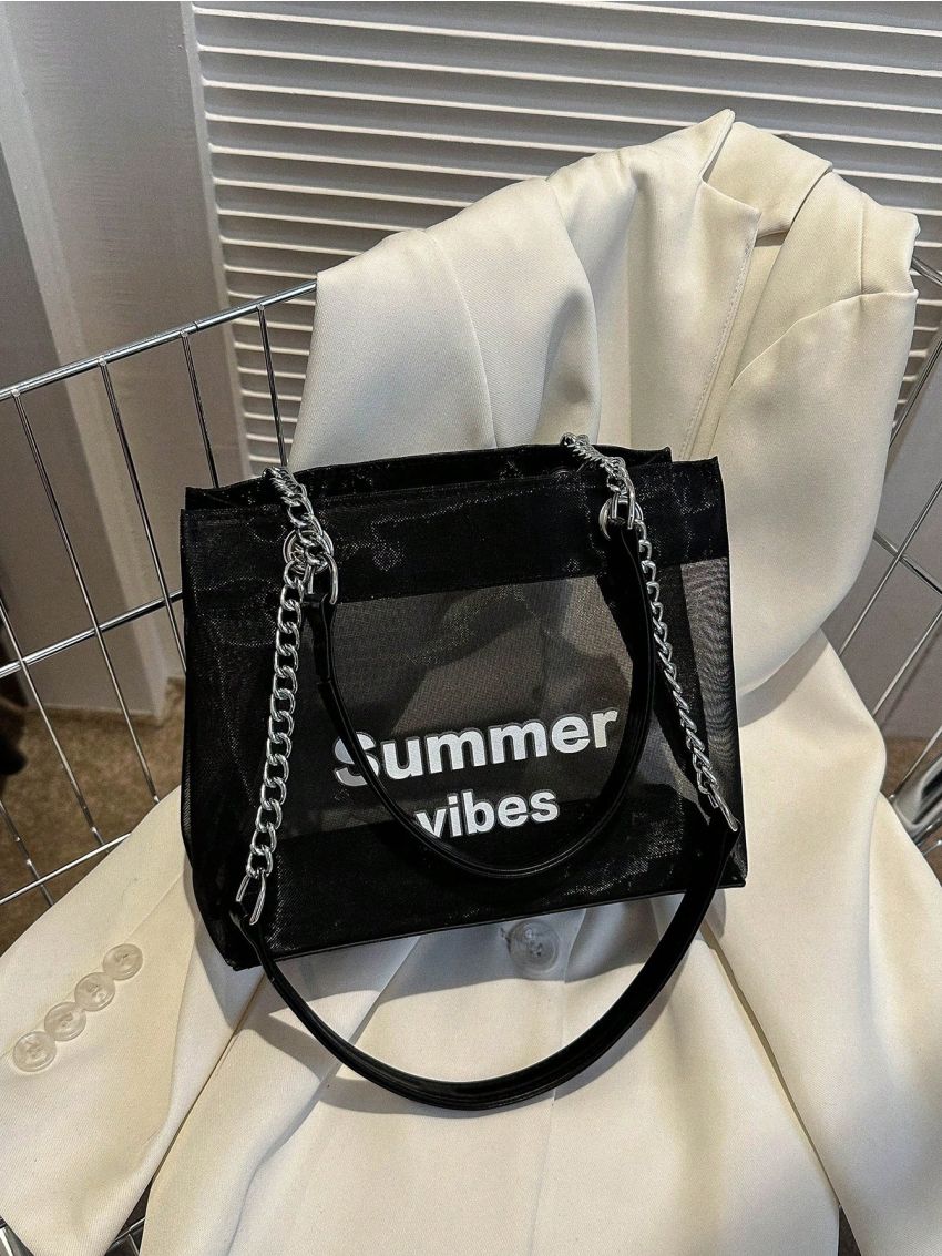 Small Square Bag Letter Print Double Handle, Clear Bag