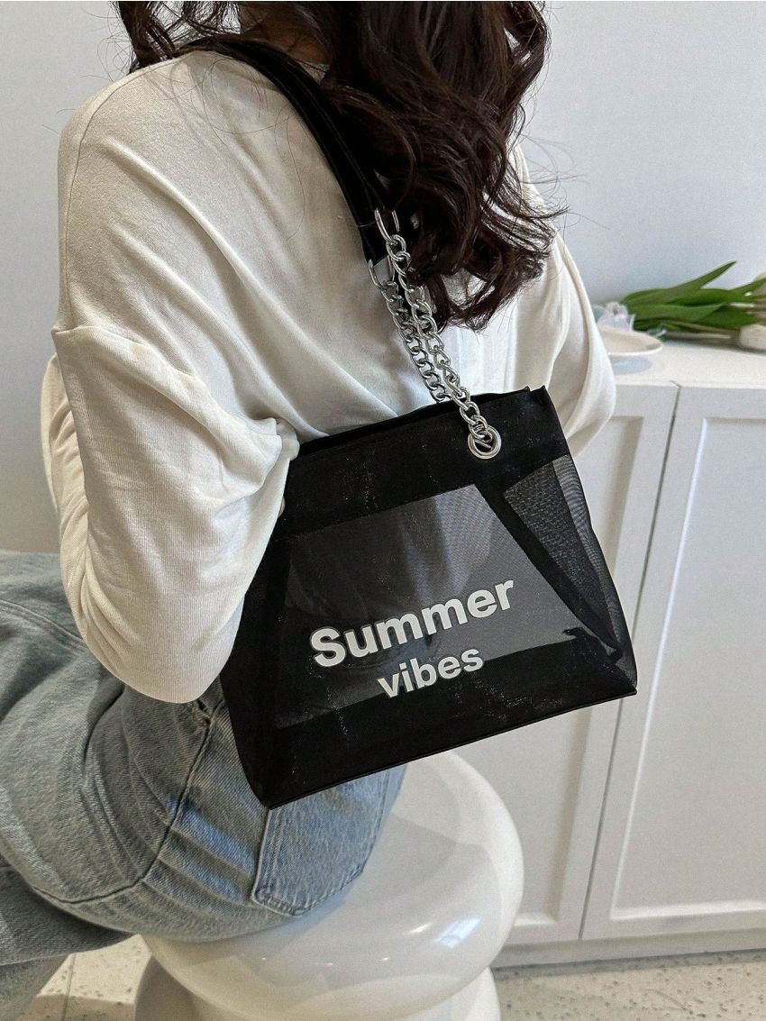 Small Square Bag Letter Print Double Handle, Clear Bag