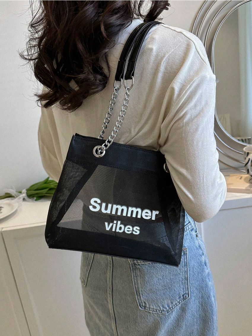 Small Square Bag Letter Print Double Handle, Clear Bag