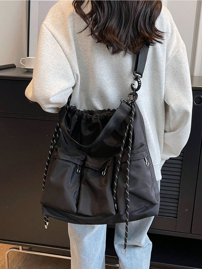Oversized Hobo Bag Multi-Pocket Drawstring Design