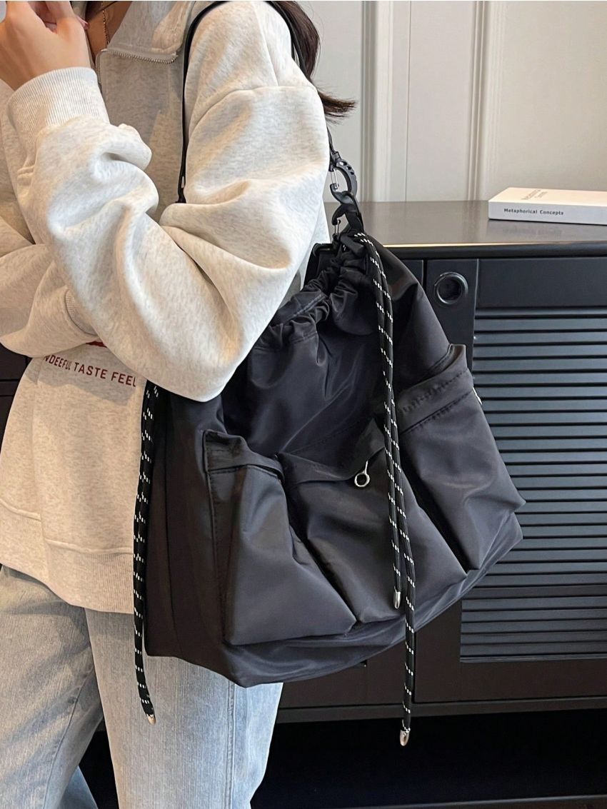 Oversized Hobo Bag Multi-Pocket Drawstring Design