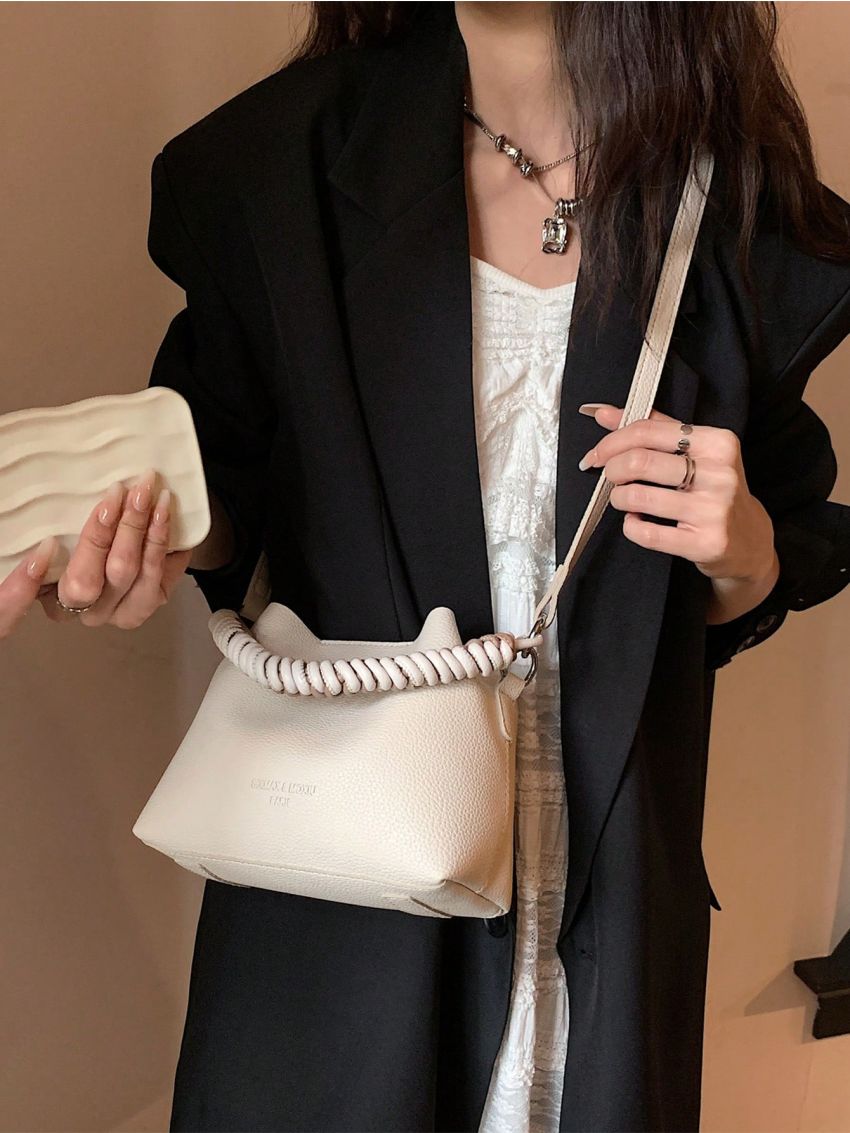 Litchi Embossed Bucket Bag Letter Detail Braided Handle With Inner Pouch