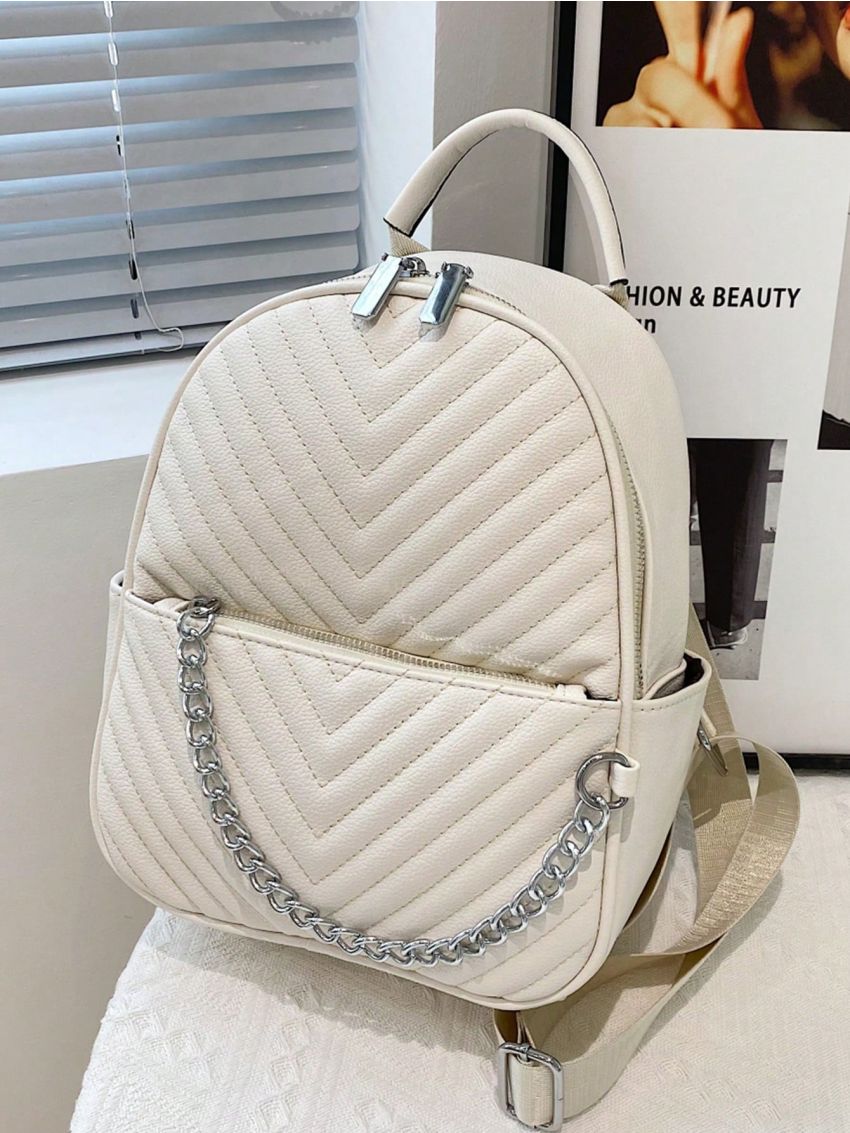 Quilted Pattern Classic Backpack Chain Decor
