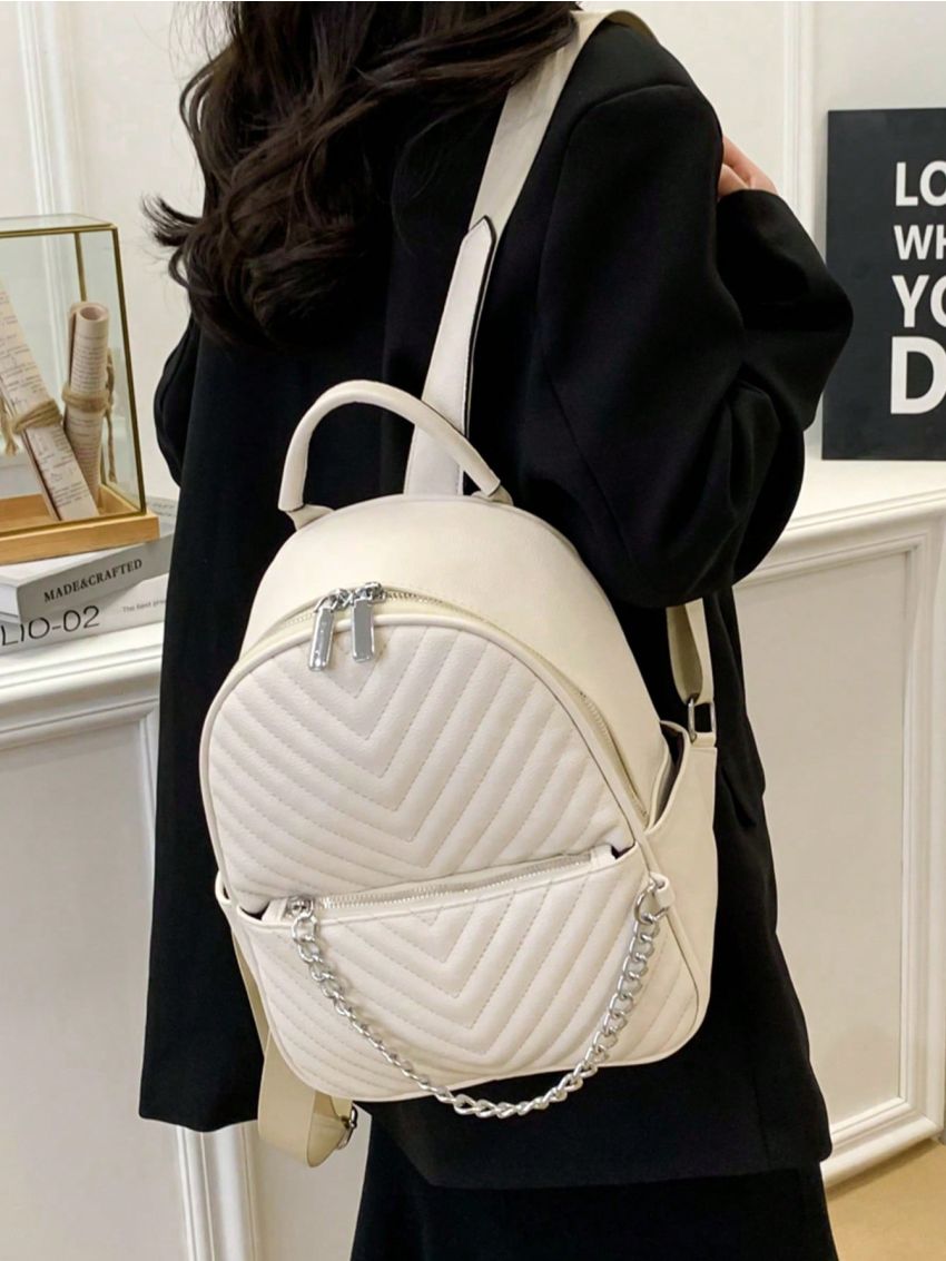 Quilted Pattern Classic Backpack Chain Decor