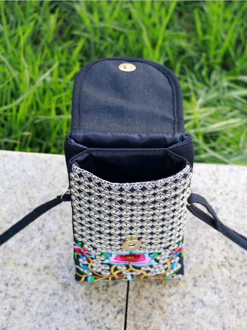 Retro Boho Embroidered Phone Bag, Mini Travel One Shoulder Bag For Women & Girls