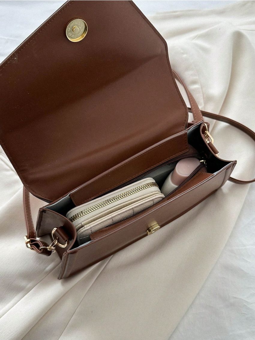 Minimalist Flap Square Bag Brown With Adjustable Strap