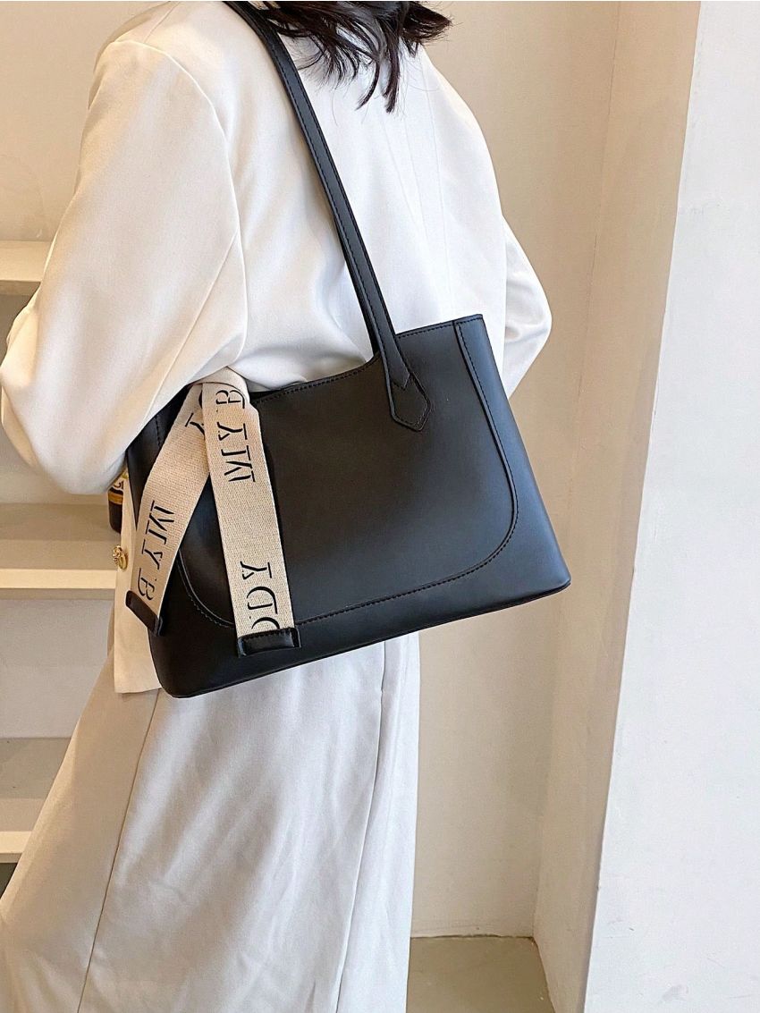 Small Shoulder Tote Bag Letter Tape Decor