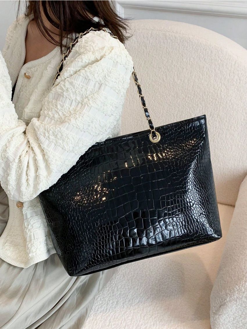 Crocodile Embossed Shoulder Tote Bag Medium Black