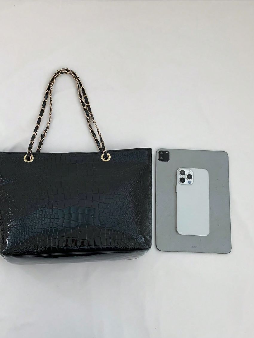 Crocodile Embossed Shoulder Tote Bag Medium Black