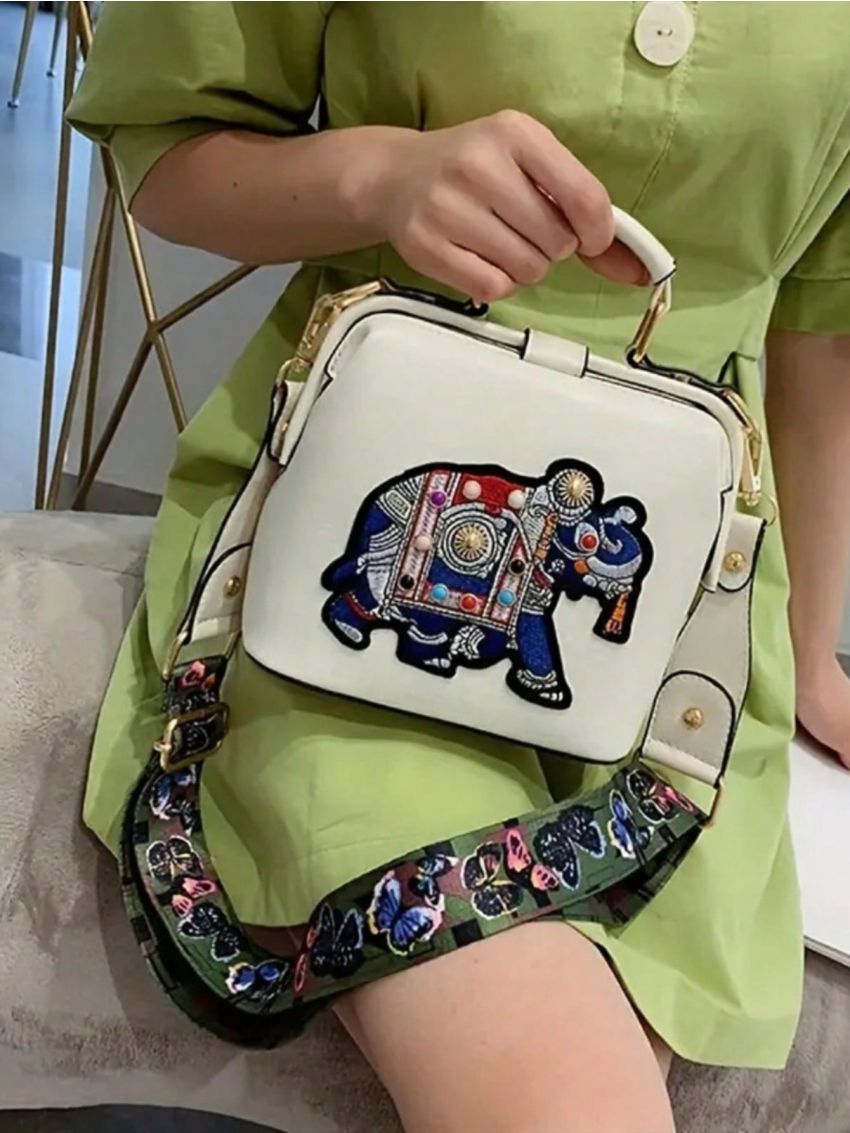 Embroidery Elephant Graphic  Handbag, Vintage Wide Strap Crossbody Bag, Mini Square Clip Purse For Women