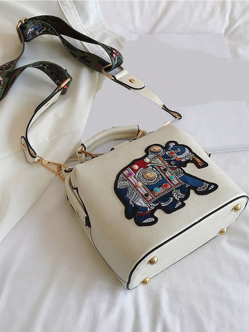 Embroidery Elephant Graphic  Handbag, Vintage Wide Strap Crossbody Bag, Mini Square Clip Purse For Women