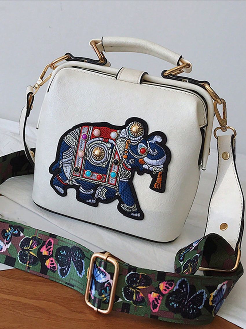 Embroidery Elephant Graphic  Handbag, Vintage Wide Strap Crossbody Bag, Mini Square Clip Purse For Women