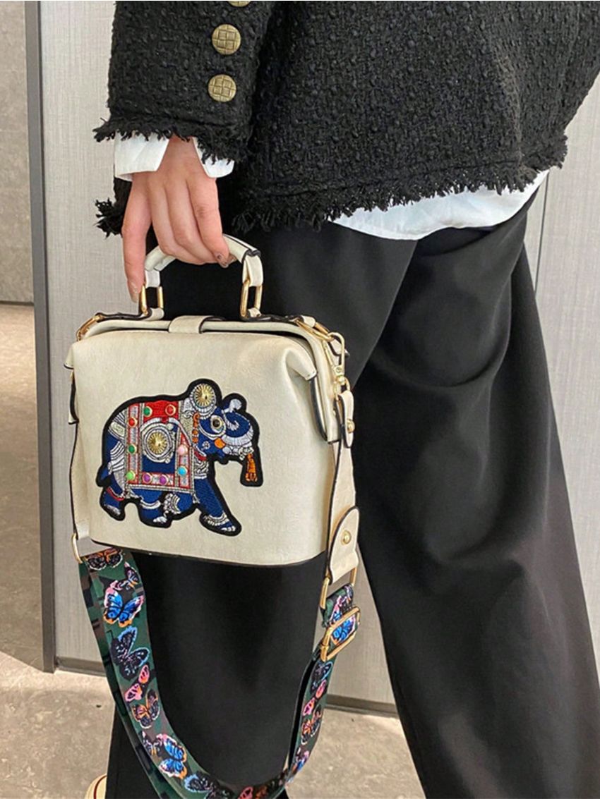 Embroidery Elephant Graphic  Handbag, Vintage Wide Strap Crossbody Bag, Mini Square Clip Purse For Women