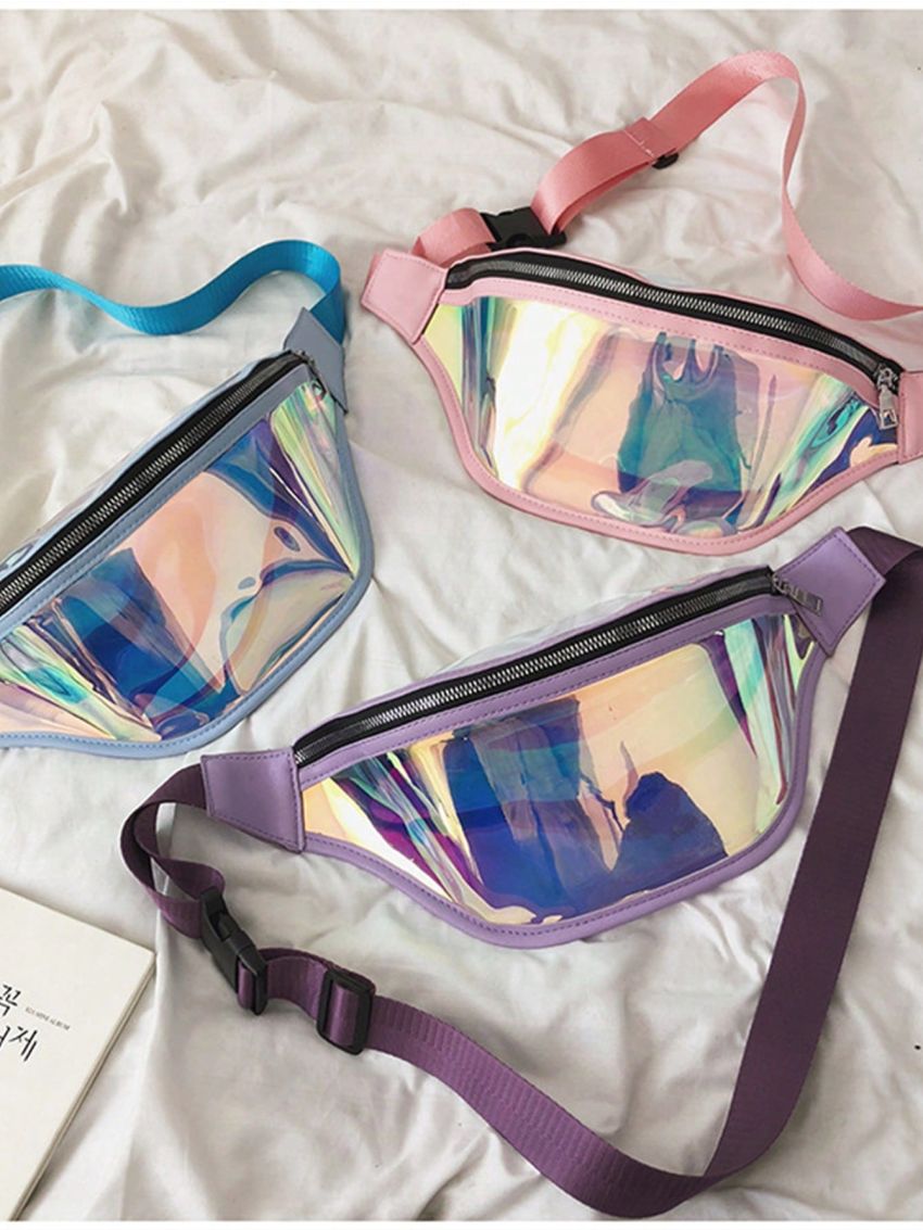 Holographic Zipper Front Waist Pack PVC Colorful Waterproof Chest Bag For Sports, Clear Bag