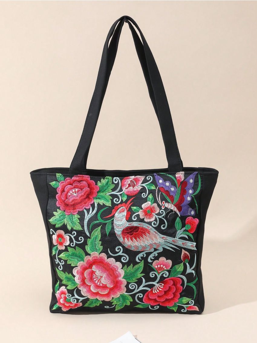 Flower Embroidered Shoulder Tote Bag Medium Double Handle, Mothers Day Gift For Mom