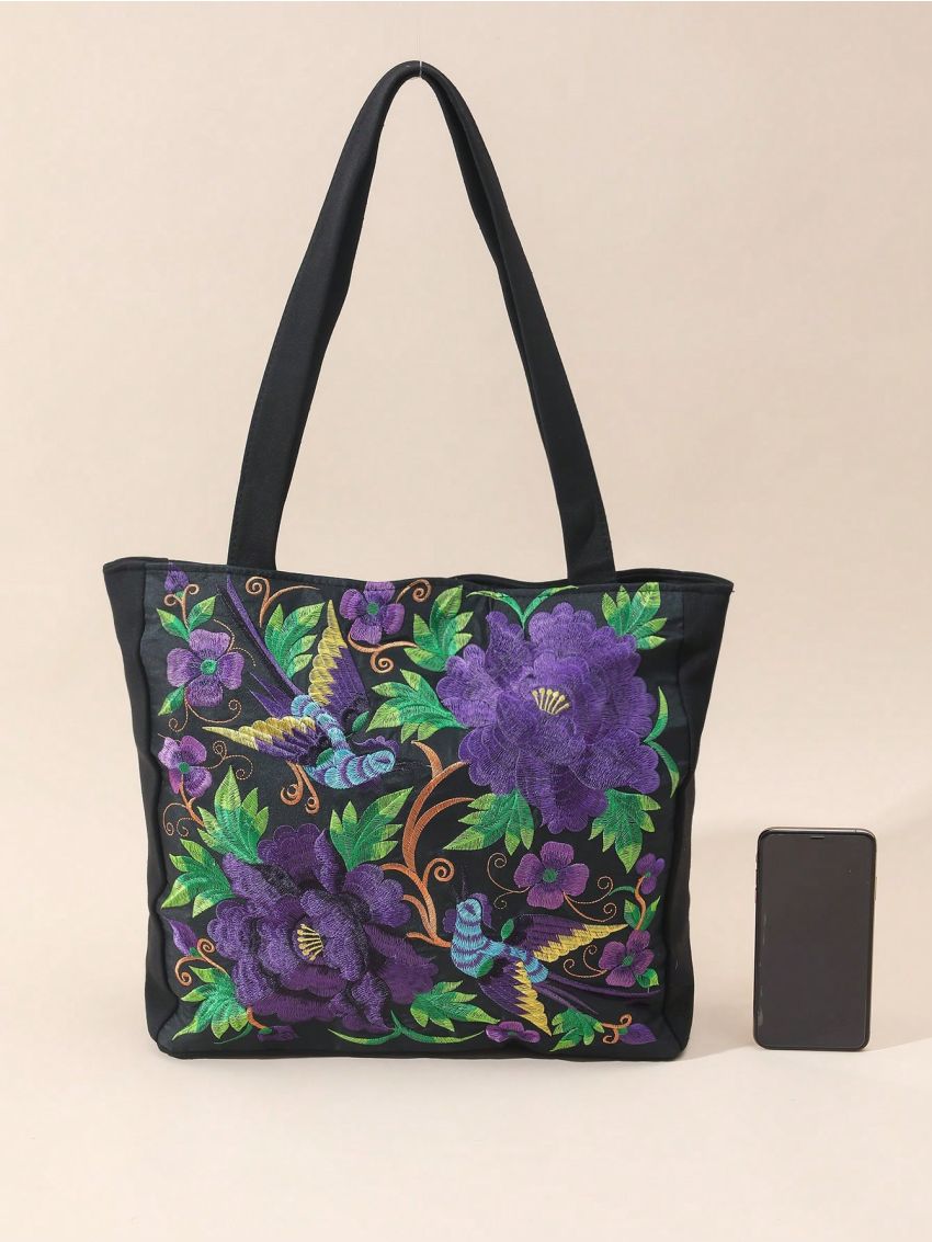 Flower Embroidered Shoulder Tote Bag Medium Double Handle, Mothers Day Gift For Mom