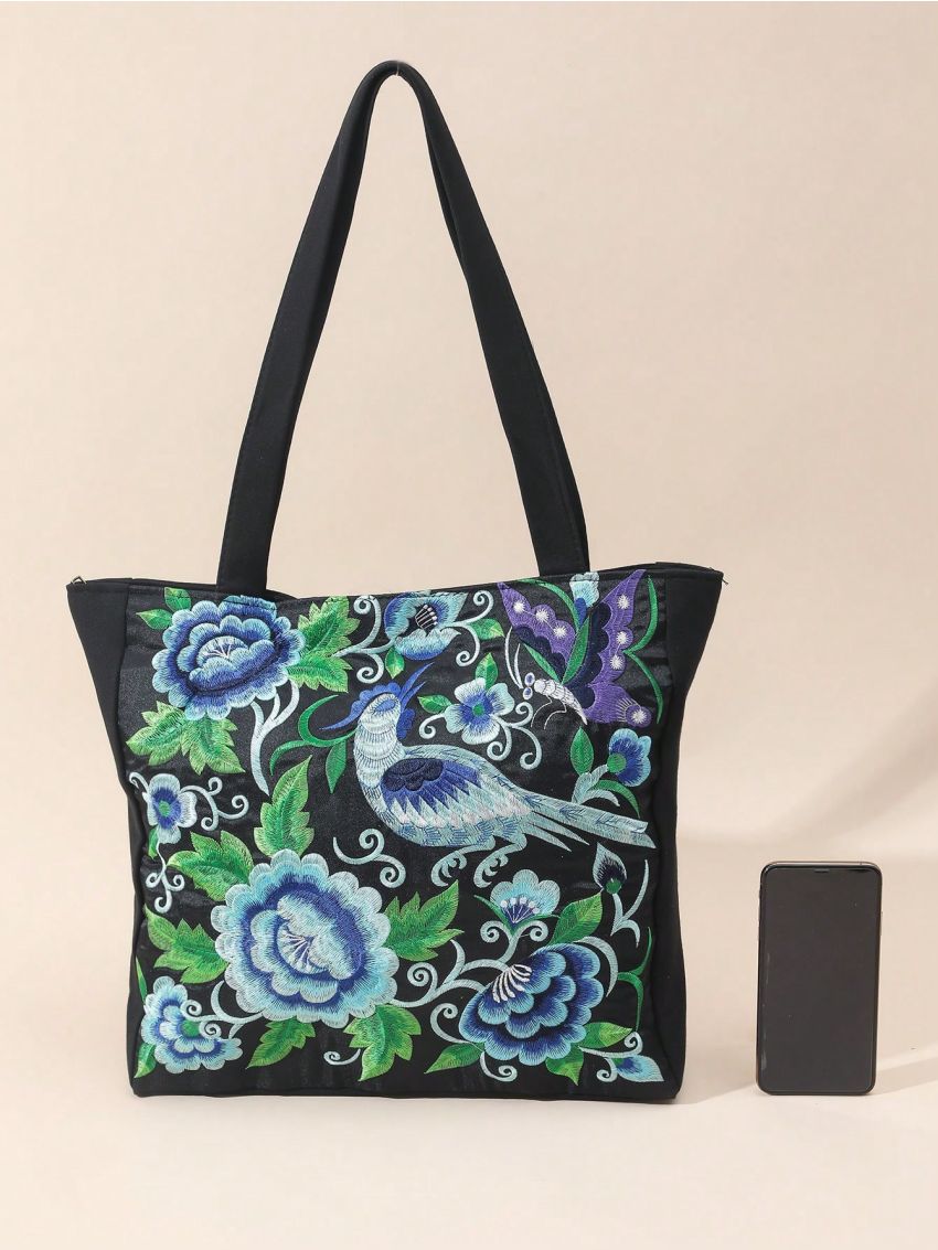Flower Embroidered Shoulder Tote Bag Medium Double Handle, Mothers Day Gift For Mom