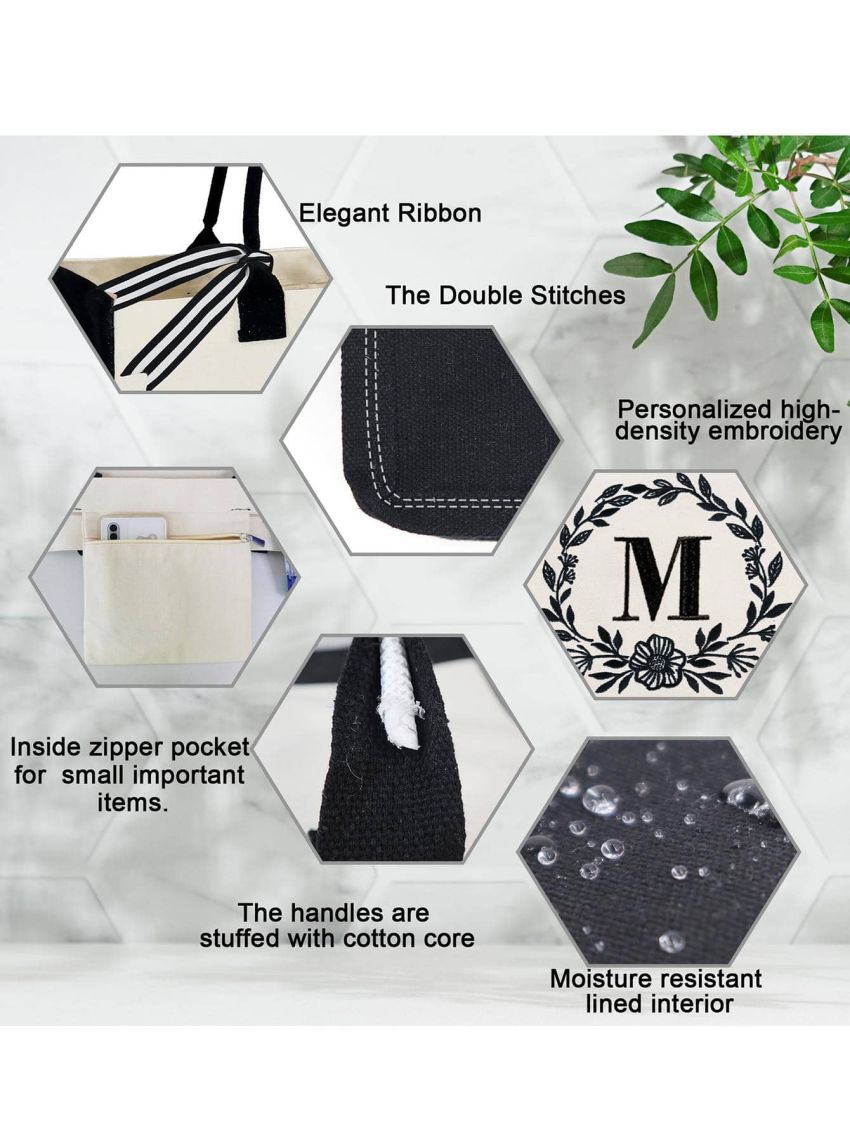 BeeGreen Personalized Gifts for Women Monogram Birthday Gift For Mom with Pocket 13OZ Embroidery Initial Canvas Tote Bag for Teen Best Friend Teacher Mother Large Unique Beach Bag Gifts For Her A