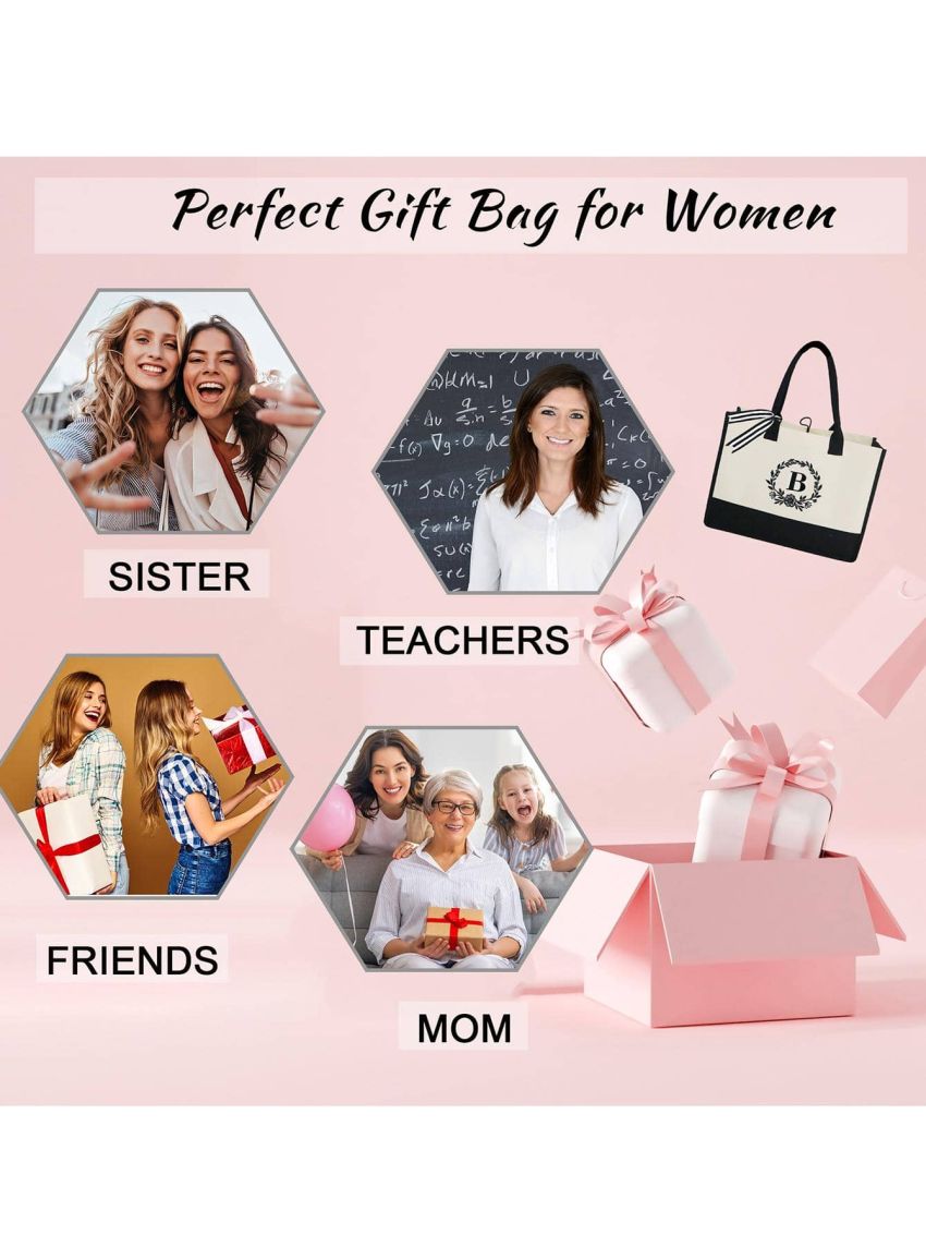 BeeGreen Personalized Gifts for Women Monogram Birthday Gift For Mom with Pocket 13OZ Embroidery Initial Canvas Tote Bag for Teen Best Friend Teacher Mother Large Unique Beach Bag Gifts For Her A