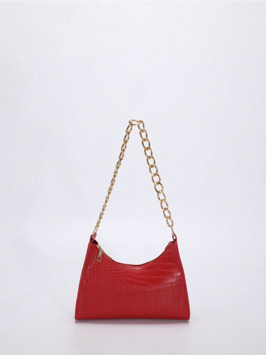 Medium Baguette Bag Crocodile Embossed Chain Strap