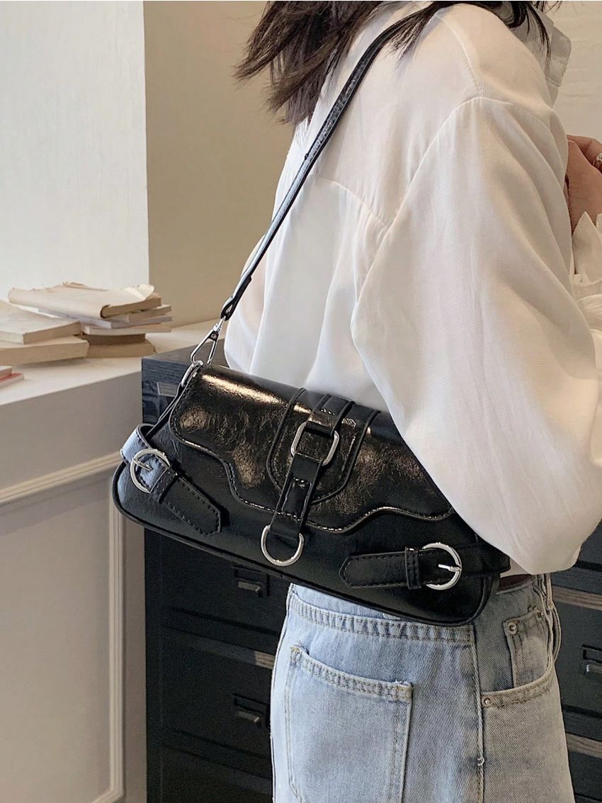 Flap Baguette Bag Buckle Decor Black